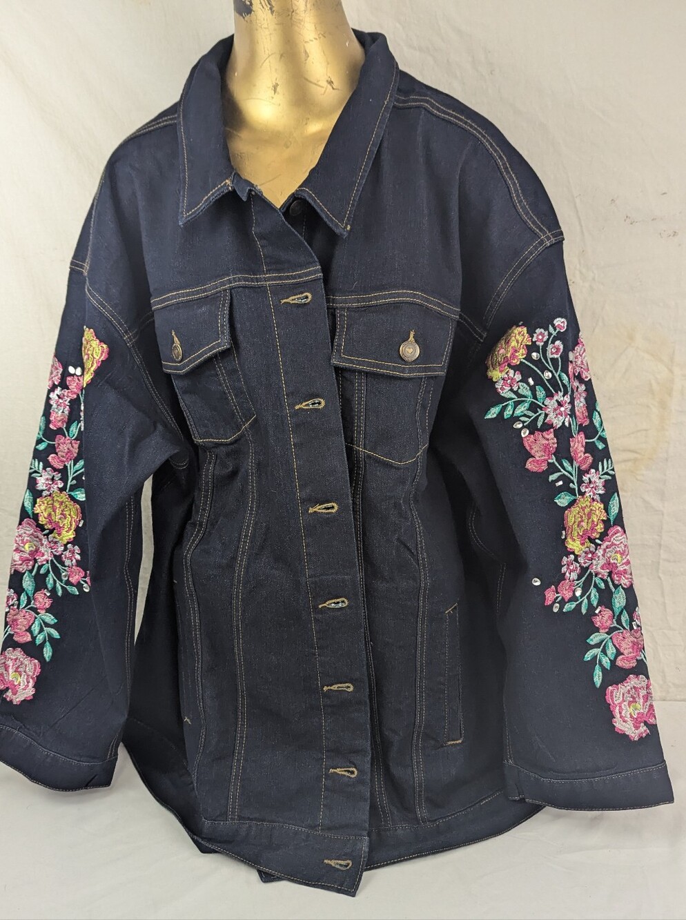 Denim 24/7 Dark Blue Denim Jacket with Pink & Green Floral Embroidery Size 26W